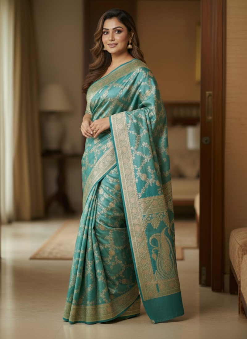 Dual Shaded Green & Gold Katan Silk Saree with Blouse