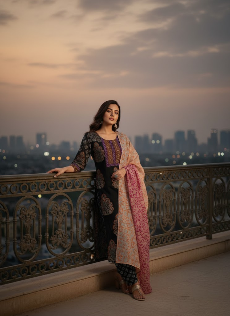 Cotton Block Printed Salwar Suit – Black & Orange