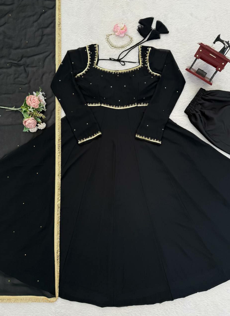 Black Anarkali Salwar Suit in Faux Georgette with Handwork & Diamond Lace Dupatta