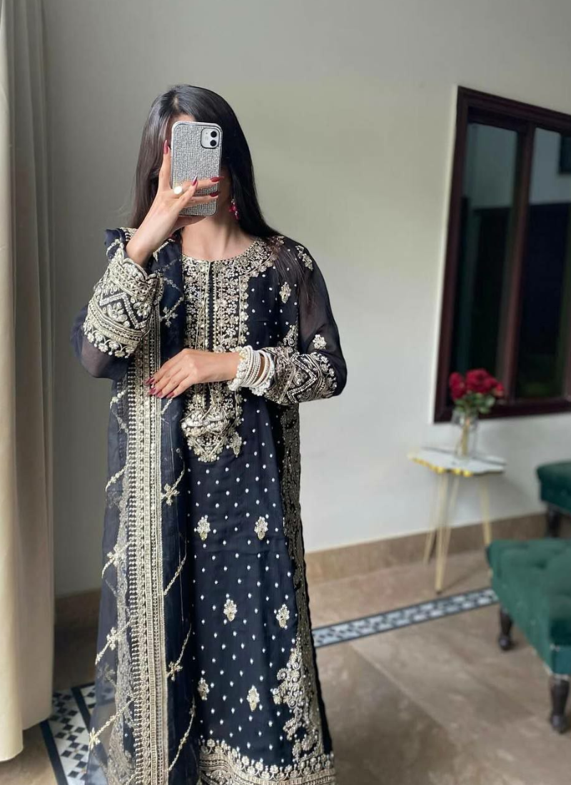 Faux Georgette Straight Punjabi Suit with Sequins & Moti Embroidery + Dupatta