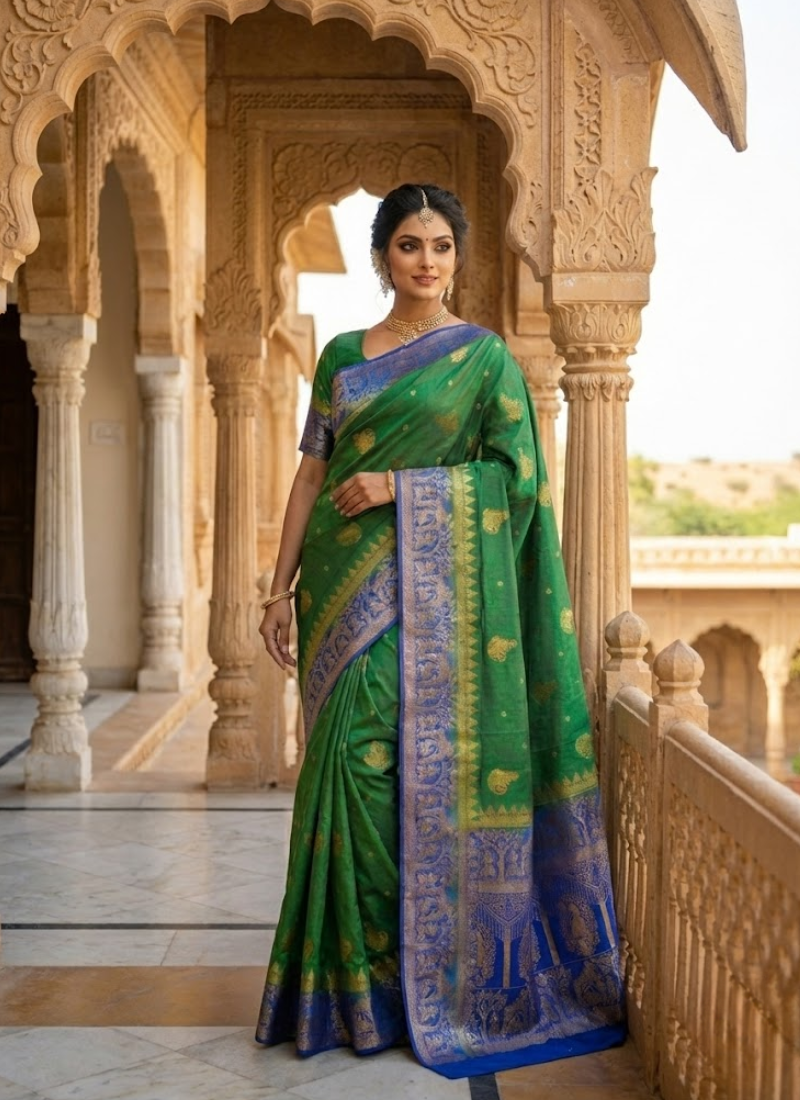 Bangalori Baluchuri Silk Saree – Green & Blue with Blouse Piece