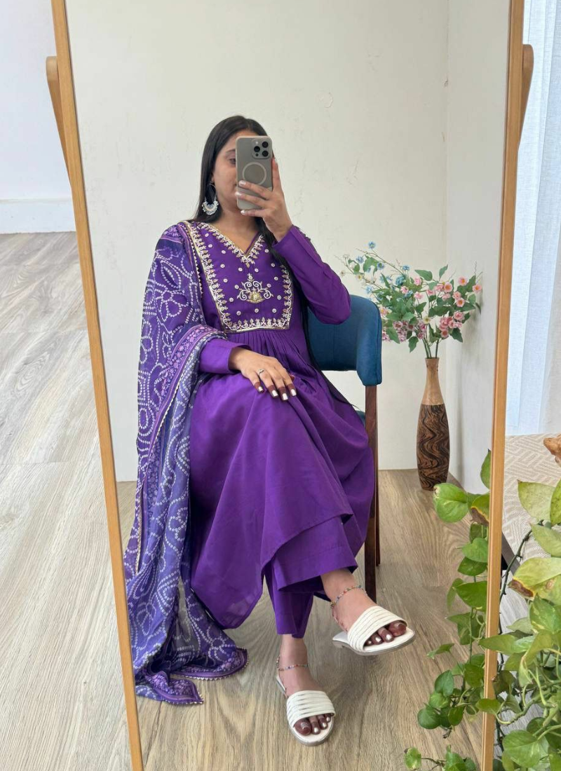Dark Wine Chanderi Cotton Anarkali Gown with Taby Silk Dupatta