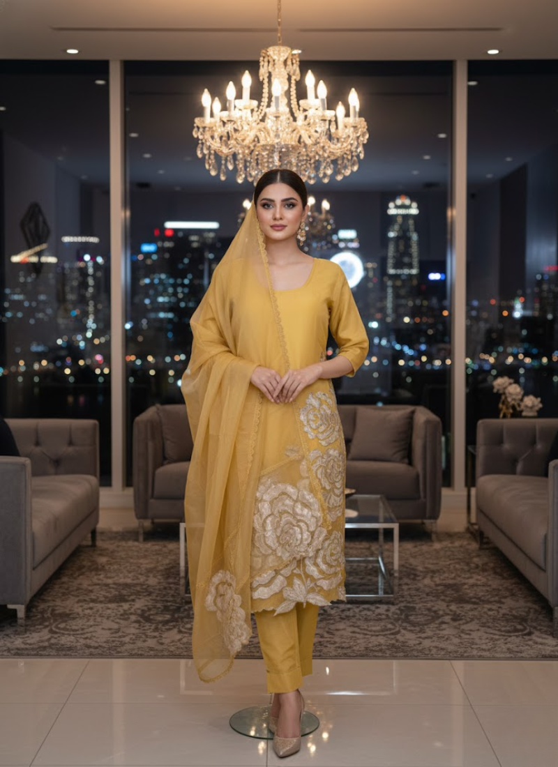 Yellow Gold Silk Organza Salwar Kameez with Cut Work Dupatta