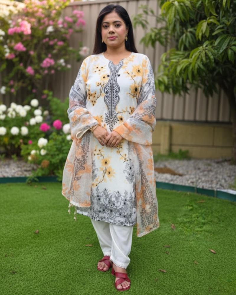 White & Orange Organza Salwar Suit – Floral Print & Pipe Work