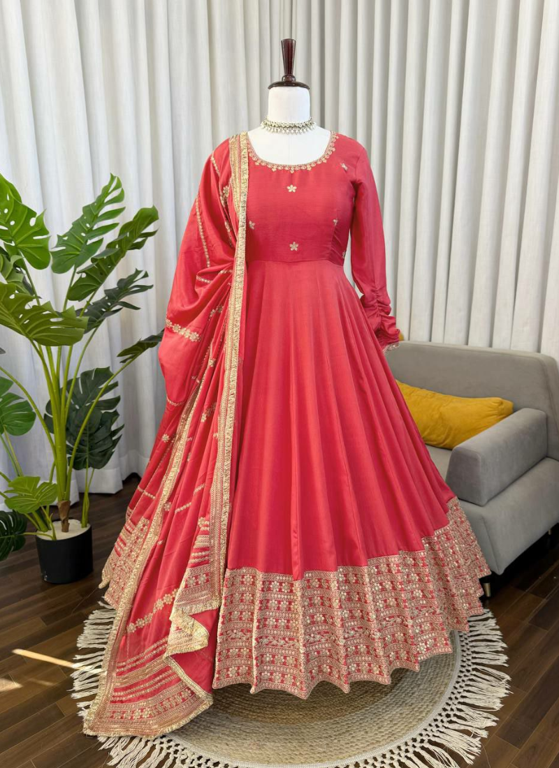 Anarkali Suit in Chinon Silk with Coding & Sequins Embroidery + Dupatta
