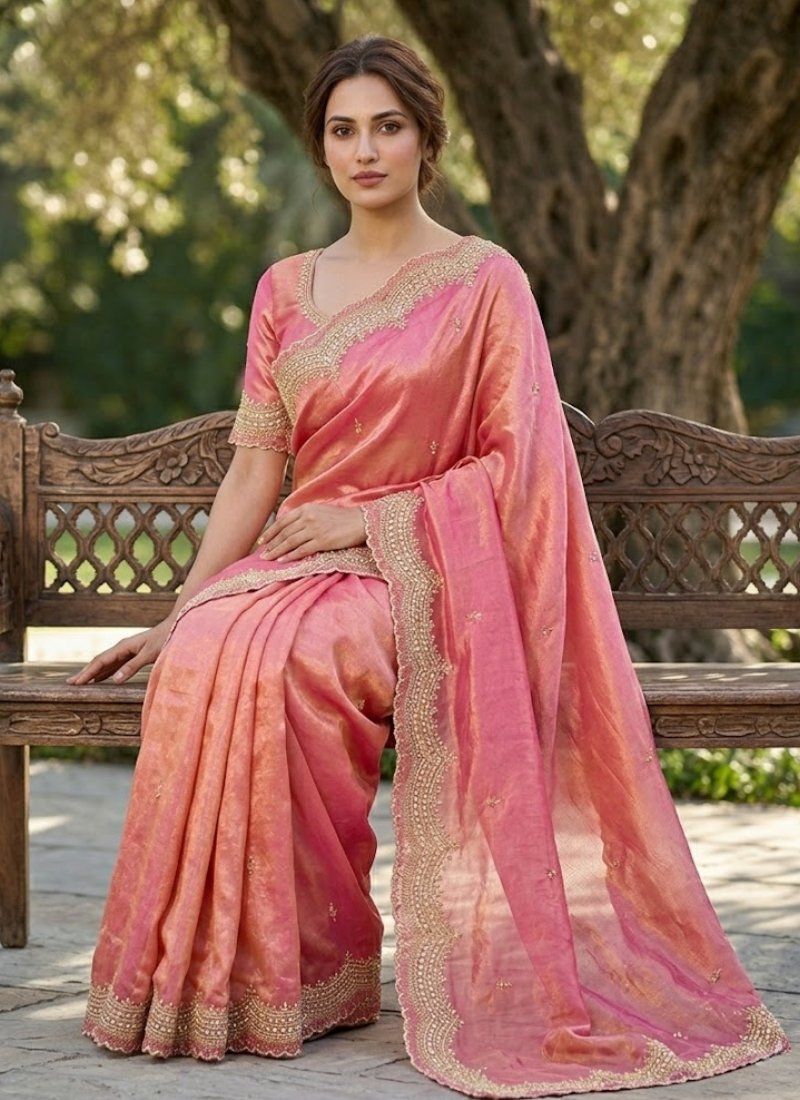 Fendy Satin Silk Saree – Gold Embroidery with Pearl Detailing & Matching Blouse