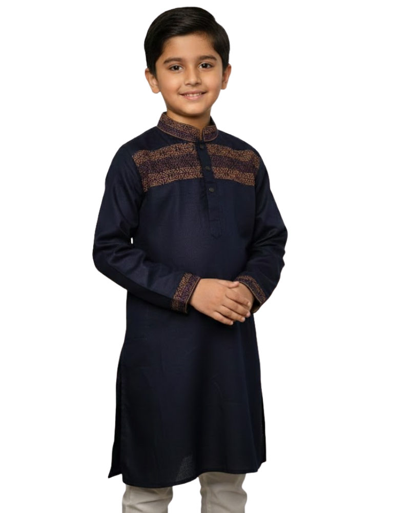 Kids Navy Blue Linen Kurta with Embroidery & White Cotton Pyjama