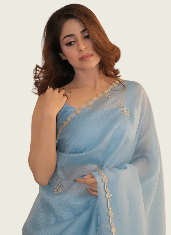 Pixcel Crush Saree with Katdana & Diamond Handwork + Blouse Fabric Australia
