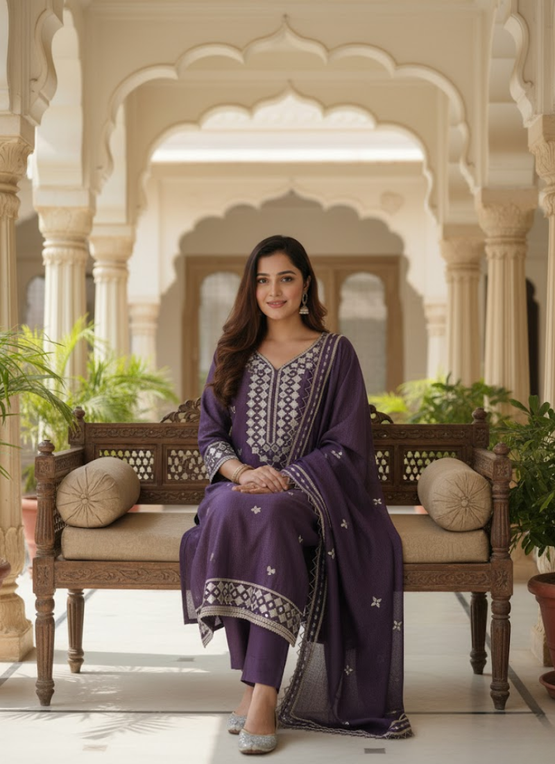 Dark Purple Silk Salwar Suit with Mirror Work Dupatta