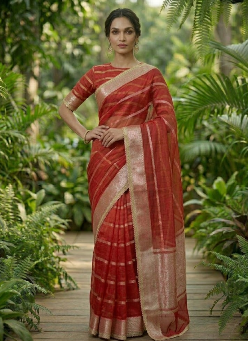 Red Banarasi Organza Saree with Blouse Piece