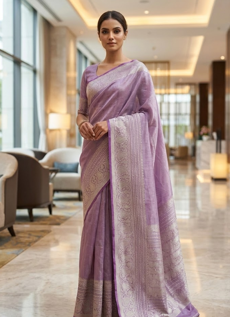 Light Onion Banarasi Tissue Silk Saree with Blouse Piece