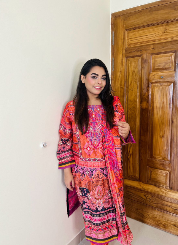 Orange Pink Chinon Silk Salwar Suit with Mirror Work