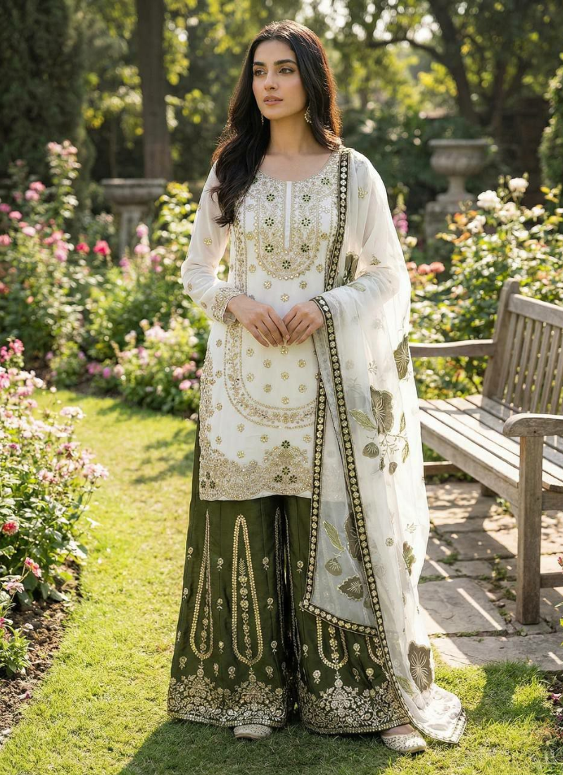 Sharara Suit in GMY Silk with Heavy Embroidery, Sequins Work & Organza Dupatta