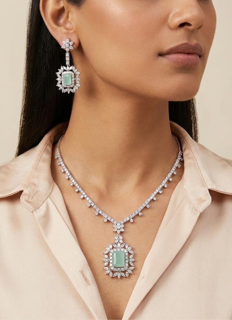 Diamond Cut Necklace & Earring Set with Blue Stone Setting