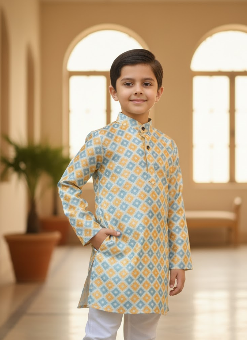 Kids Kurta Pajama – Multicolor Silk Kurta with White Cotton Pyjama