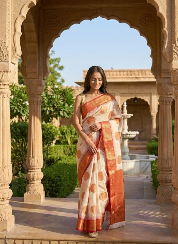 Assam Silk Saree with Blouse Piece – White & Red Zari