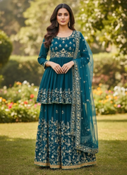 Sea Green Georgette Gharara with Embroidered Net Dupatta 1