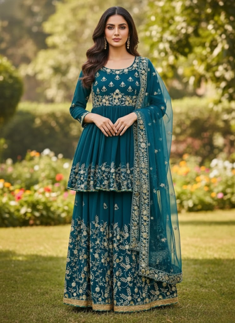 Sea Green Georgette Gharara with Embroidered Net Dupatta