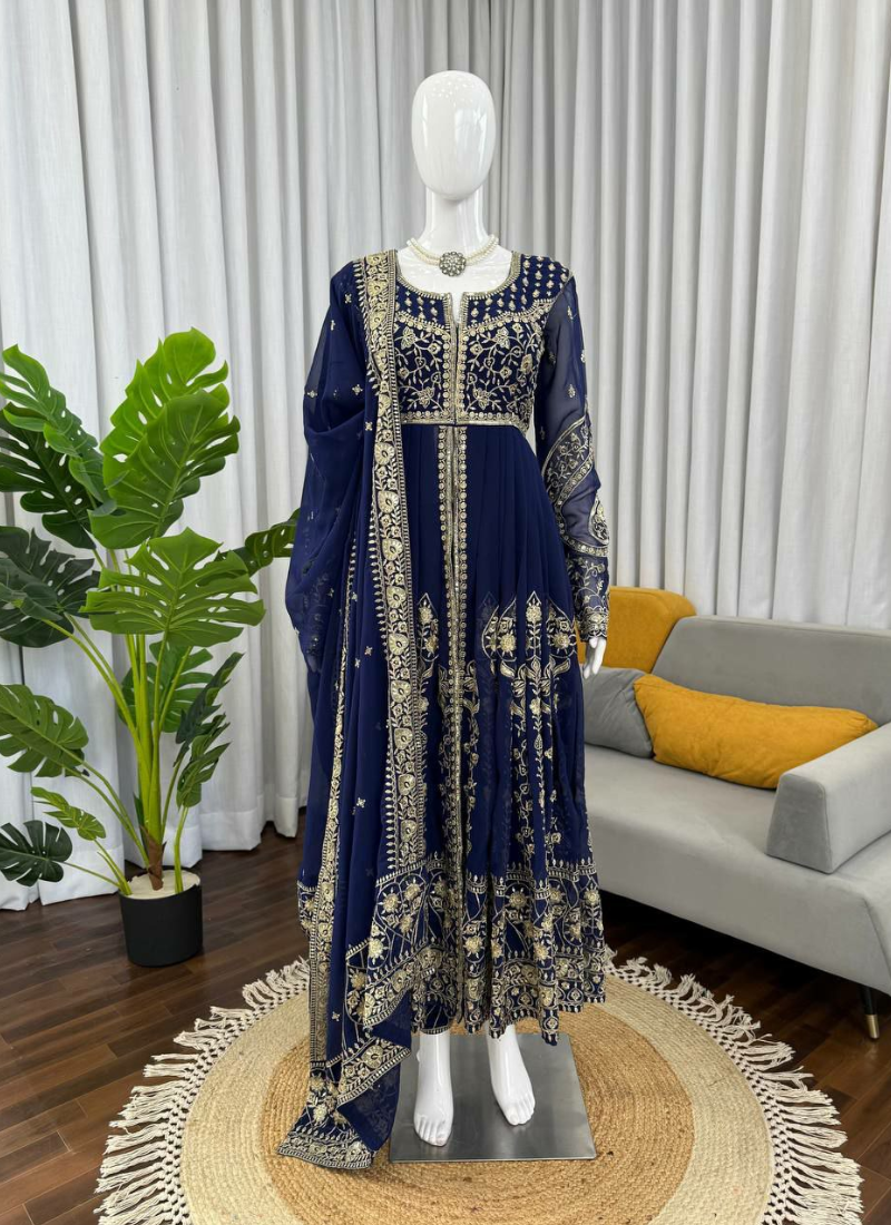 Faux Georgette Anarkali Gown with Thread & Sequins Embroidery + Dupatta