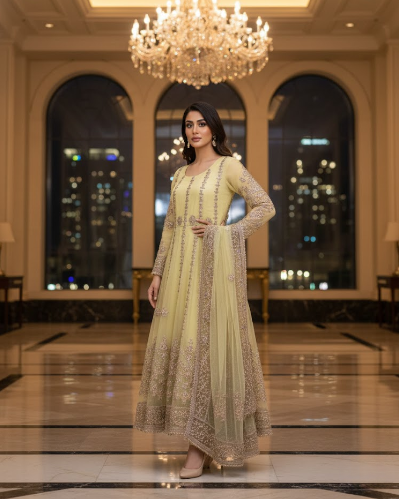 Yellow Net Pakistani Anarkali Dress – Gota Patti Hand Work