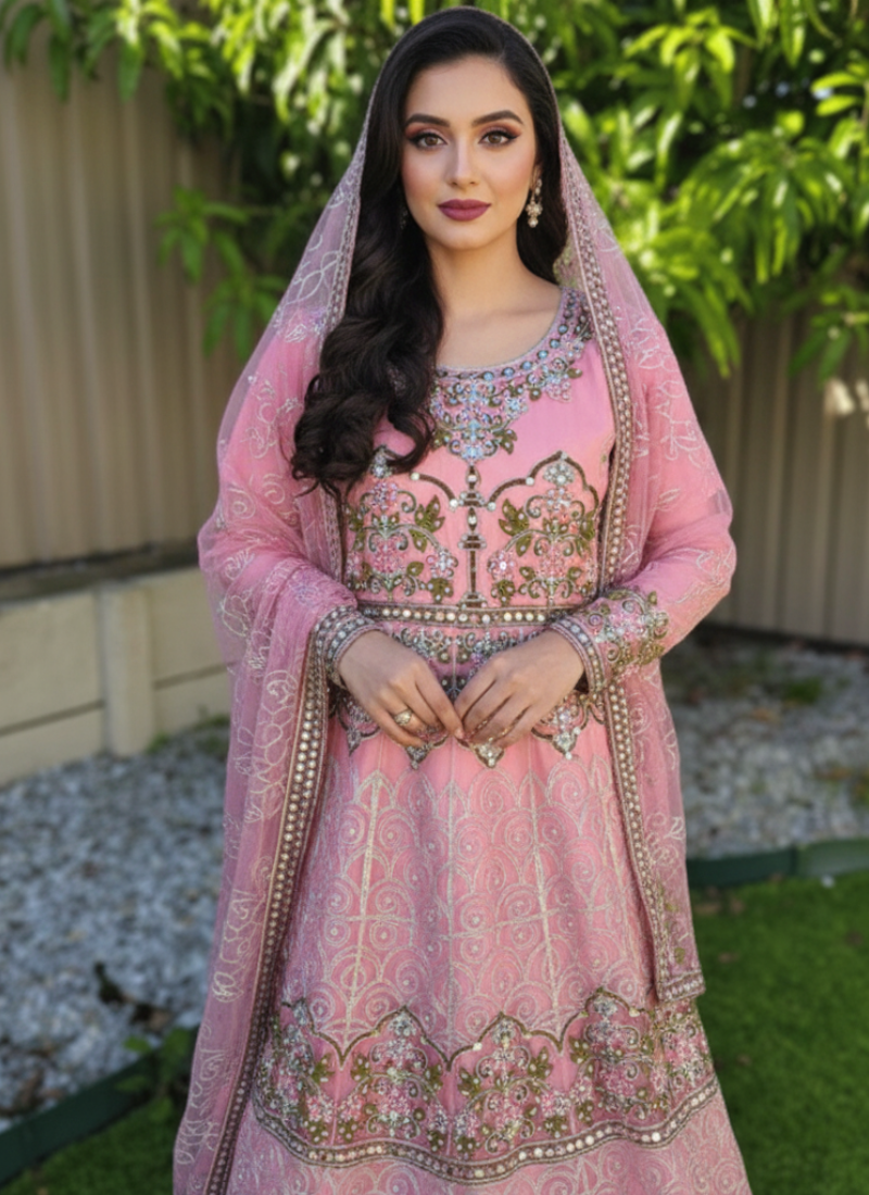 Pink Pakistani Anarkali Suit – Net Fabric with Embroidery