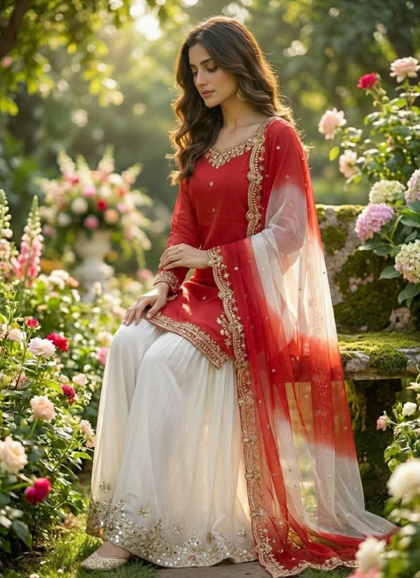 French Crepe Salwar Suit with Organza Dupatta