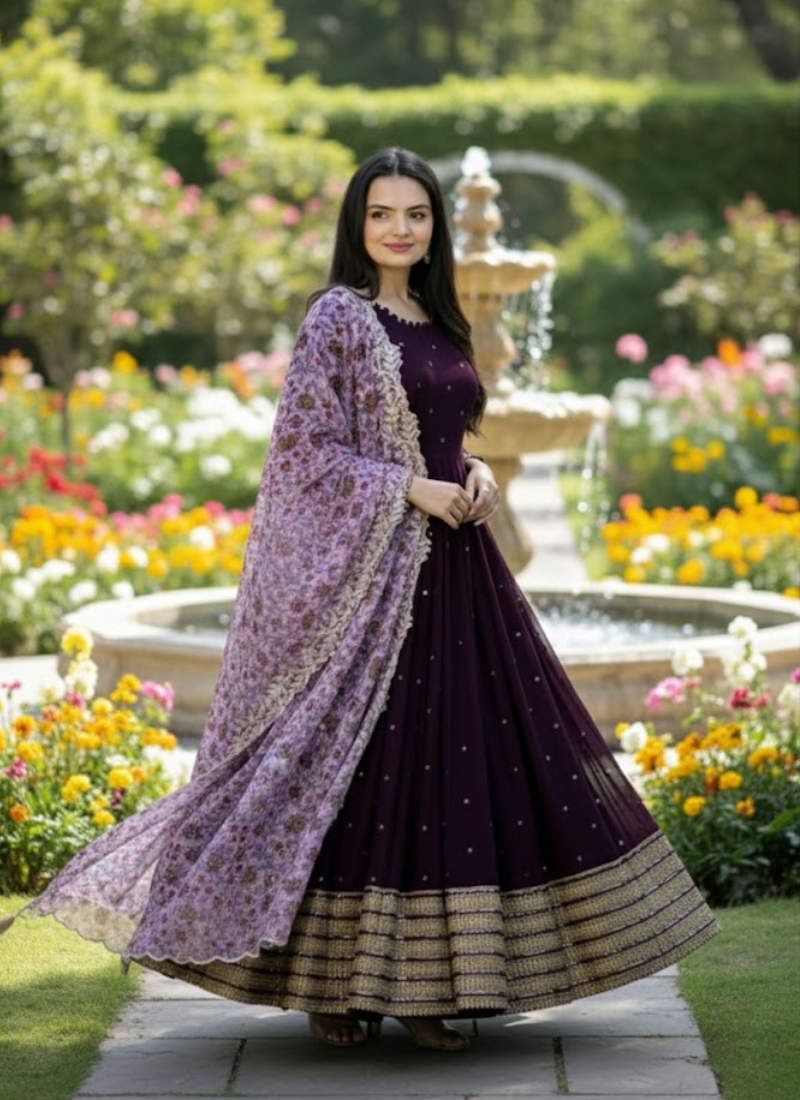 Purple Georgette Anarkali with Printed Dupatta