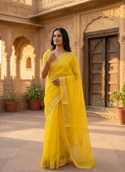 Bright Yellow Jamdani Saree with Mari Thread Work 6
