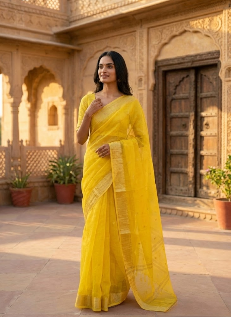 Bright Yellow Jamdani Saree with Mari Thread Work