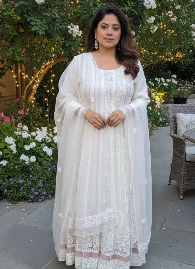 White Handmade Lucknowi Anarkali in Maslin Organza