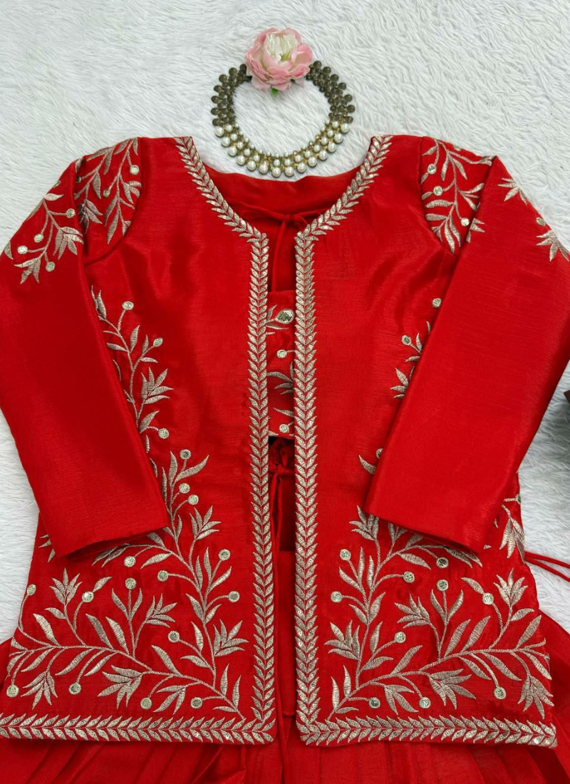 Chinon Silk Lehenga Set with Embroidered Koti