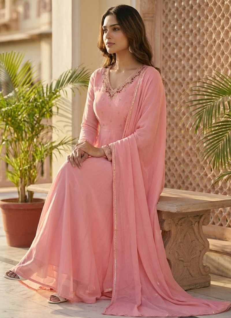 Fox Georgette Anarkali Suit with Handwork & Golden Lace Dupatta