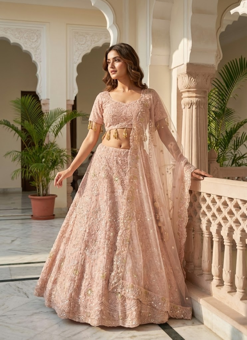 Pink Faux Georgette Bridal Lehenga Choli with Sequins & Dori Embroidery + Net Dupatta