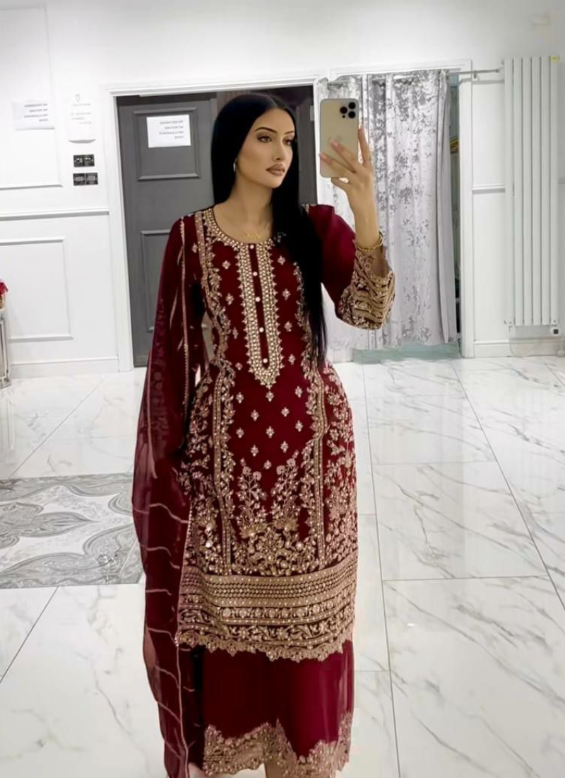 Faux Georgette Palazzo Suit with Sequins Embroidery + Dupatta