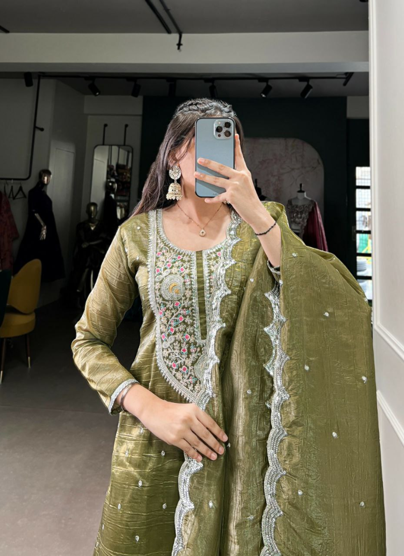 Gold Crush Punjabi Suit with Sequins Embroidery & Dupatta