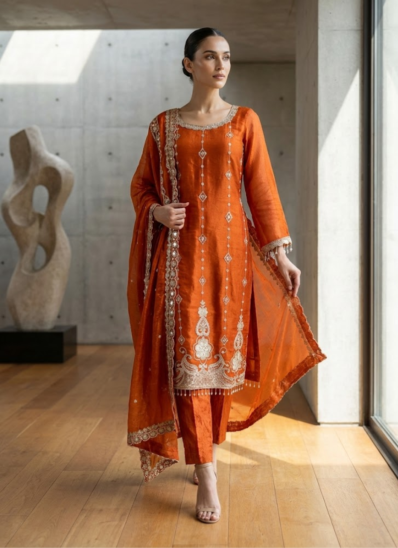 Punjabi Suit in Fendy Silk with Thread & Sequins Embroidery + Cutwork Dupatta