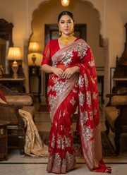 Red Maslin Saree with Golden & White Thread Work 6