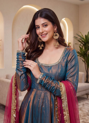 Designer Sindoor Silk Anarkali Gown Set – Mirror Lace with Dupatta & Bottom 7