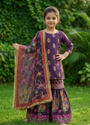 Kids Raw Silk Sharara with Block Print &amp; Mirror Work 2