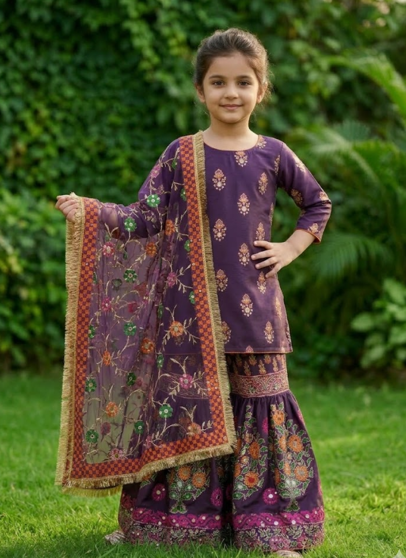 Kids Raw Silk Sharara with Block Print & Mirror Work - View 2