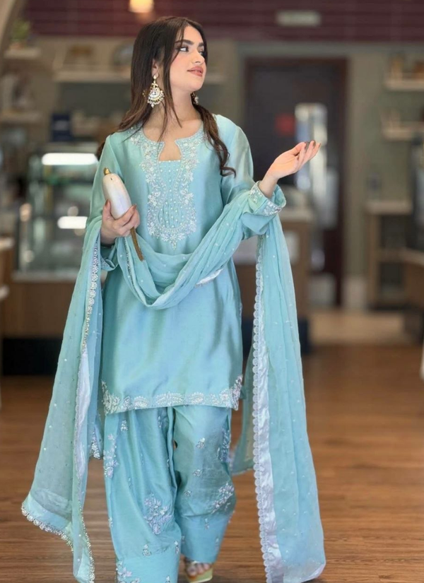 Roman Silk Palazzo Set with Organza Dupatta