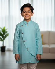 Kids Firoza Cotton Kurta with Embroidery & White Cotton Pyjama 4