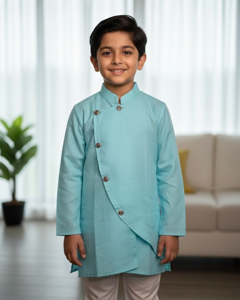 Kids Firoza Cotton Kurta with Embroidery & White Cotton Pyjama