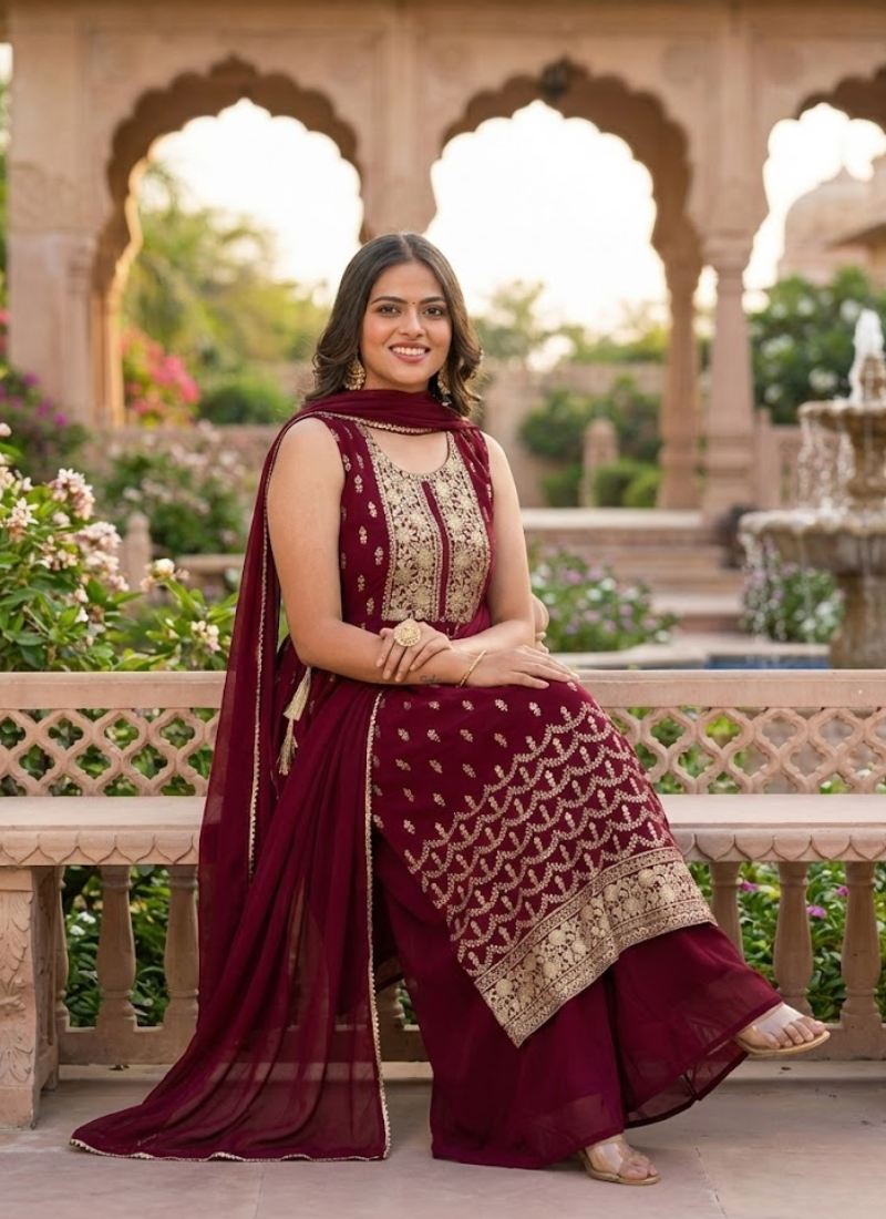 Georgette Sharara/Gharara Salwar Suit - Embroidery & Dupatta