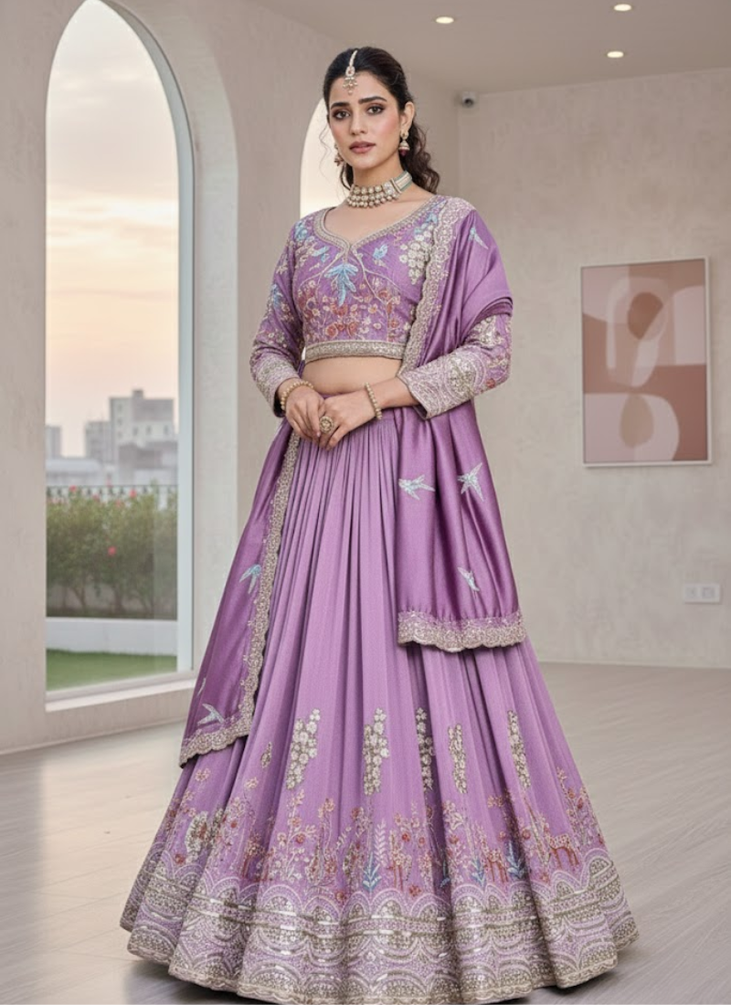 Pure Vichitra Embroidered Lehenga Choli Set