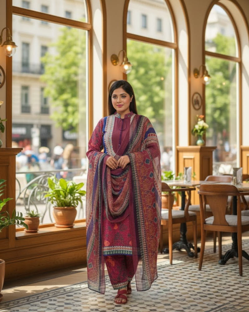 Pink Crepe Silk Salwar Suit – Stone Work & Floral Print