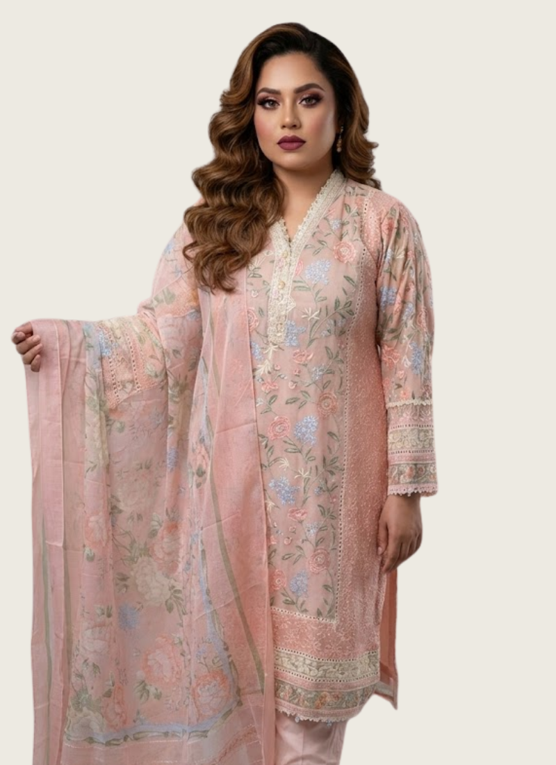 Light Peach Pink Chiffon Salwar Kameez with Embroidery