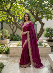 Fendy Satin Silk Saree – Gold Embroidery with Pearl Detailing & Matching Blouse 3