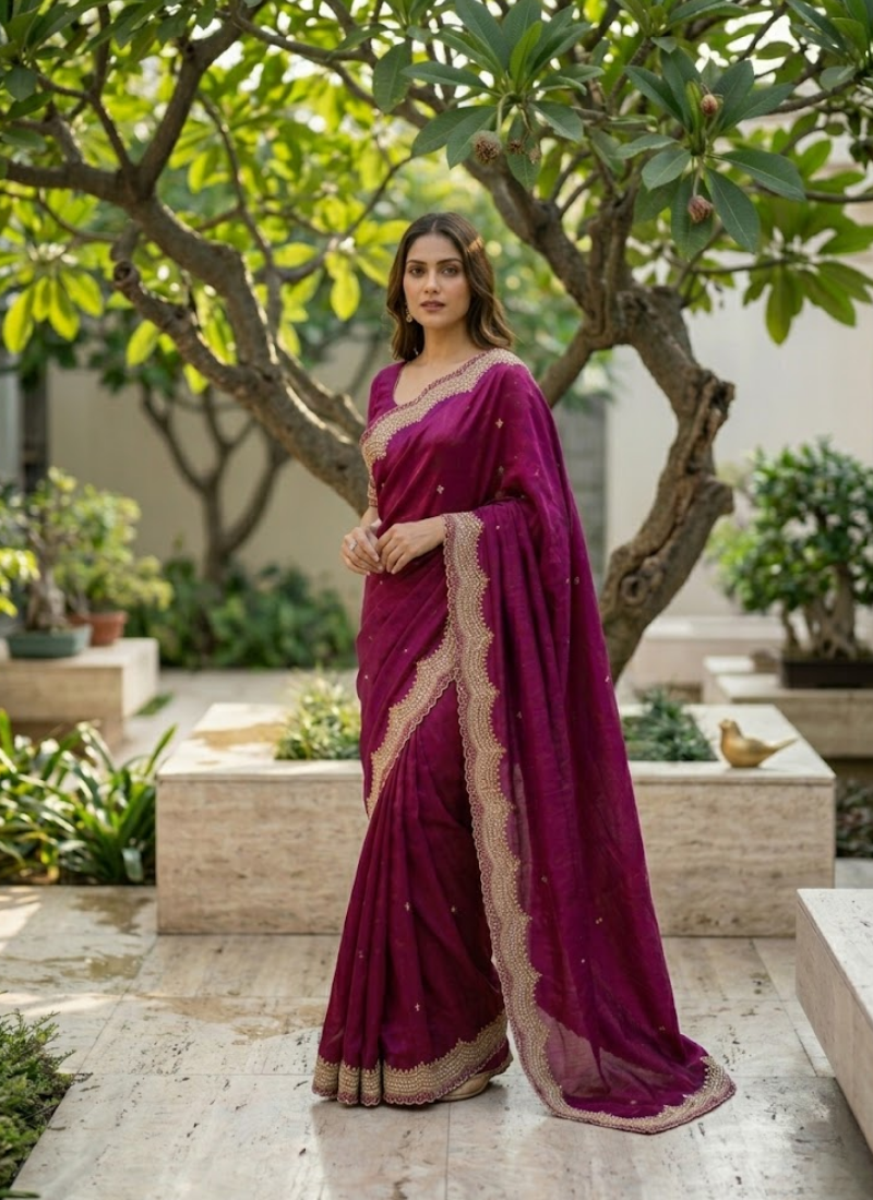 Fendy Satin Silk Saree – Gold Embroidery with Pearl Detailing & Matching Blouse