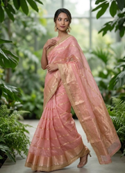 Pink Banarasi Organza Saree with Blouse Piece 5
